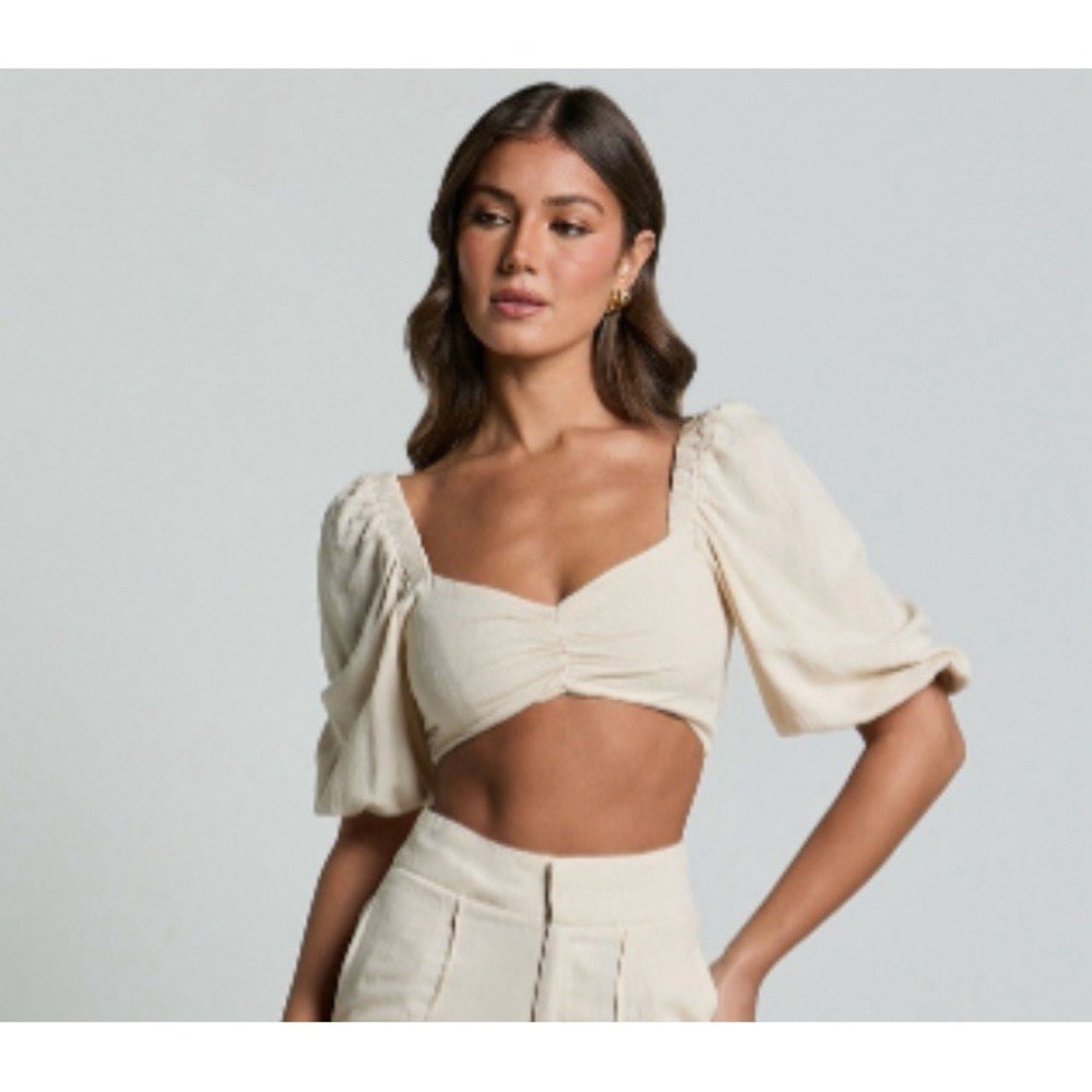 Showpo Aleydise Puff Sleeve Crop Top Natural White Linen Women's TOP ONLY NWT
